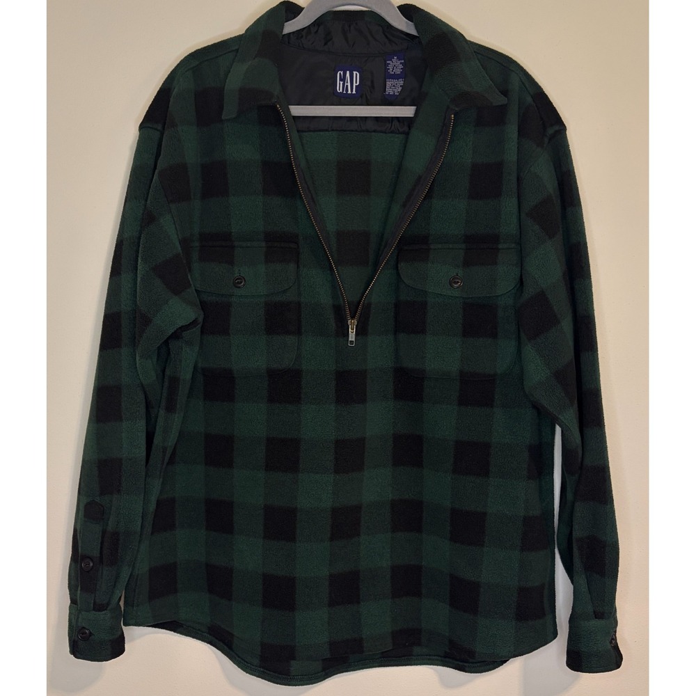 Vintage Gap Men's Green Black Plaid Quarter 1/4 Zip 90s Pull Over Medium Fleece - Picture 2 of 7